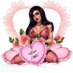 1girls azielle_"ellie"_hennessey barbell_piercing black_hair blizzard_entertainment elwinne human human_(world_of_warcraft) kneeling lingerie nipple_piercing original_character see-through see-through_clothing solo stockings valentine's_day valentine's_day_2022 warcraft world_of_warcraft