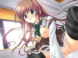 bb blush breasts brown_hair censored dress large_breasts long_hair no_panties pussy thighhighs