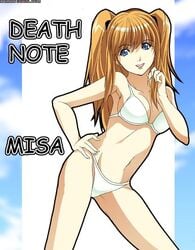 aerisdies bikini blonde_hair blue_eyes breasts cleavage death_note female female_only hand_on_hip hips human long_hair midriff misa_amane small_breasts solo swimsuit tied_hair twintails watermark white_bikini