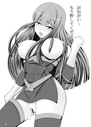 breasts censored cleavage clothing female huge_breasts large_breasts long_hair military_uniform monochrome nipples onirabi saliva selvaria_bles solo stockings tears thighhighs tongue translation_request uniform valkyria_chronicles valkyria_chronicles_1