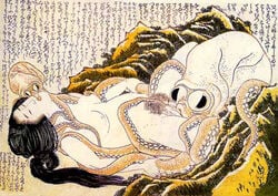 1girls bestiality black_hair classic consensual_tentacles cunnilingus female female_pubic_hair fine_art hokusai japanese_text kissing lowres missionary_position mmf_threesome nipples octopus on_back oral pubic_hair public_domain restrained shunga small_image tentacle tentacle_sex the_dream_of_the_fisherman's_wife traditional_art ukiyo-e zoophilia