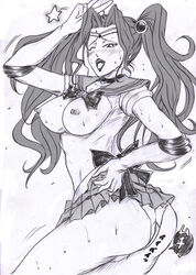 bishoujo_senshi_sailor_moon blush breasts breasts_out clothing code_geass cornelia_li_britannia cosplay elbow_gloves female gloves long_hair medium_breasts megane001976 megane_(pixiv763416) miniskirt monochrome nipples open_mouth panties pantyshot pointy_chin sailor_moon_(cosplay) skirt skirt_lift solo sweat tied_hair twintails underwear v wink