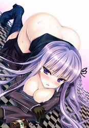 all_fours ass blush boots bottle braid breasts danganronpa female gloves jacket kirigiri_kyouko long_hair looking_at_viewer ninoko open_clothes open_shirt pill purple_eyes purple_hair school_uniform single_braid skirt skirt_pull solo straight_hair sweat