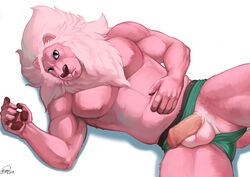 1boy 2015 anthro anthrofied balls cartoon_network clothing erection feline flaccid fur lion lion_(steven_universe) looking_at_viewer lying male male_only mammal mane mariart muscles on_back pecs penis pink_fur solo steven_universe uncut underwear