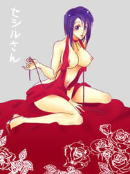 bare_shoulders breasts cecile_croomy code_geass dress female high_heels long_hair lowres midriff navel nipples purple_eyes purple_hair shoes sitting solo