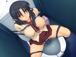 1girls bathroom bathroom_stall black_hair bondage bound_to_toilet bra clothing fully_clothed kanzaki_naoya nipples panties public_use rope school_uniform serafuku skirt toilet