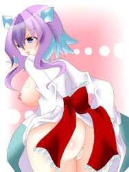 ass blue_eyes blush bow breasts cosplay costume female female_only froslass looking_back lowres moemon personification pokemon pokemon_dppt purple_hair pussy solo straight_hair uncensored yukimenoko