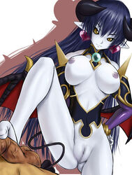 astaroth astaroth_(shinrabanshou) big_breasts black_hair bondage breasts censored dark-skinned_male dark_hair dark_penis dark_skin demon_girl feet female foot_fetish footjob grey_skin horns human interspecies large_breasts long_hair looking_at_viewer looking_down male nipples nude_male penis pointy_ears pussy shinrabanshou standing standing_footjob straight tail toes yellow_eyes