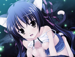 animal_ears black_hair breasts brown_eyes cat_ears censored fangs female game_cg hair_ribbon male navel nipples open_mouth paizuri penis ribbon smile source_request souryuu straight tail tied_hair twintails