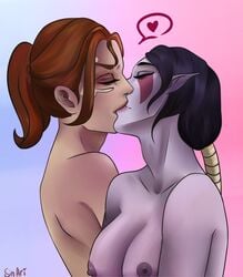 2girls areolae black_hair breasts closed_eyes completely_nude dota_2 facepaint female female/female female_only kissing lina multiple_girls nipples nude pale-skinned_female ponytail red_hair sinari templar_assassin yuri