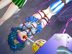 2girls ami_mizuno arms_behind_back bishoujo_senshi_sailor_moon blindfold blue_hair blush bondage choker circlet clothing female female_only knee_boots makoto_kino multiple_girls nonude rope_bondage sailor_jupiter sailor_mercury serafuku short_hair skirt small_breasts smooth_skin solo_focus spark_utamaro steel_bondage suspended translated upside-down vibrator