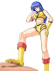 1girls artist_request blue_hair bootjob boots breasts dirty_pair dominatrix feet female femdom footjob human light-skinned_female light_skin long_hair looking_down penis shoejob standing standing_footjob uncensored yuri_(dirty_pair)