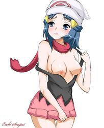 blue_hair blush color dawn_(pokemon) ecchisenpai female female_only human human_only nipples no_bra pokemon pokemon_dppt solo straight_hair white_background