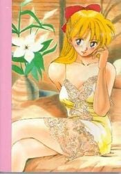 1girls artist_request bed bishoujo_senshi_sailor_moon blonde_hair blue_eyes bow clothing dress female female_only human long_hair lowres minako_aino slip small_breasts smooth_skin solo