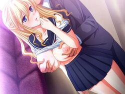 bb blonde_hair blue_eyes blush breast_grab breasts chikan_senyou_sharyou_2 frill from_behind koiizumi_amane koizumi_amane large_breasts long_hair saeki_reina school_uniform seifuku serafuku shirt_lift skirt