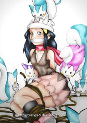 1girls ass aurore blue_eyes blue_hair bondage boots dawn_(pokemon) deviantart_username gag gagged hat nintendo nipples nipples_visible_through_clothing pachirisu pokemon pokemon_dppt pokephilia rope scarf see-through skirt straight_hair sweat