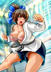 blush breast_slip breasts brown_eyes brown_hair female large_breasts makoto_aihara marimo_(ankokumarimo) nipples open_mouth ribbon rumble_roses sweat