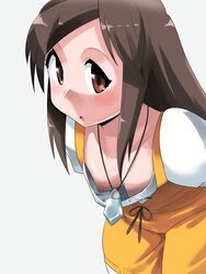 1girls breasts brown_eyes brown_hair catsuit down_blouse female female_only final_fantasy final_fantasy_ix garnet_til_alexandros_xvii hanging_breasts human jewelry long_hair nipples pendant small_breasts solo straight_hair toku_sonchou