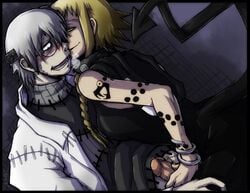 1boy 1girls blonde_hair blush female femdom franken_stein glasses handjob male medusa_gorgon penis scar soul_eater stitches tattoo yellow_eyes