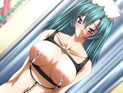 bb blush bondage breasts green_hair large_breasts nipple_clamps nipples nurse smile