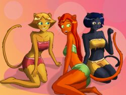 alex_(totally_spies) anthro anthro_only anthrofied black_fur black_hair blonde_fur blonde_hair blue_eyes brown_eyes cat_ears cat_girl cat_tail catgirl clover_(totally_spies) furry furry_ears furry_only furry_tail green_eyes kneeling long_hair lying_on_side orange_fur paw_pose red_hair ripped_clothing sam_(totally_spies) short_hair shorts spies surprised surprised_expression totally_spies transformation tubetop whiskers