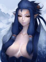 blue_hair breasts brown_eyes facial_mark female fumio_(rsqkr) hair_ornament hair_over_breasts light_smile lips long_hair looking_at_viewer monster_hunter monster_hunter_world pointy_ears solo third_fleet_master wyverian