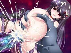 1girls black_hair censored choker cum cum_in_hair cum_in_mouth cum_in_pussy cum_on_body cum_on_breasts cum_on_face filled_belly fleshlight_position fucktoy giant_hand hair_ornament human_fleshlight long_claws monster_cock pregnant purple_hair tagme tentacles tsukishiro_ouka