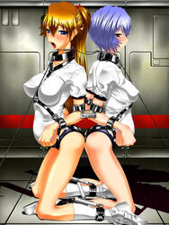 2girls ahe_gao asuka_langley_sohryu blush bondage clothing enema erect_nipples erect_nipples_under_clothes inflation large_breasts multiple_girls multiple_subs neon_genesis_evangelion pipelining plugsuit rei_ayanami tetsuwan_comsou white_shirt white_shoes white_socks