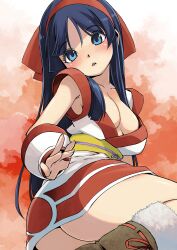 1girls ainu_clothes alternate_breast_size arm_support ass big_ass big_breasts blue_eyes blue_hair blush breasts busty cleavage fat_ass female female_only fingerless_gloves gloves hair_ribbon huge_ass king_of_fighters large_breasts legs looking_at_viewer muramasa_mikado nakoruru no_bra no_panties parted_lips ribbon samurai_shodown sensual sitting snk solo thick_thighs thighs