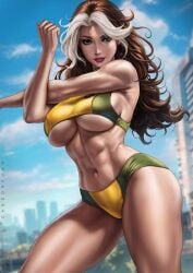 1girls abs absurd_res absurdres anna_marie bare_arms bare_shoulders belt big_breasts bodysuit boots breasts brown_hair busty child_bearing_hips city_background clothed clothed_female clothing dandon_fuga female female_focus female_only fit fit_female green_bodysuit green_clothes green_clothing green_eyes high_resolution highres hips large_breasts large_filesize light-skinned_female light_skin looking_at_viewer marvel marvel_comics muscular muscular_arms muscular_female outdoors outside red_lips red_lipstick rogue_(x-men) stretching stretching_arms superheroine thick_thighs thigh_boots thighs thunder_thighs thunderthighs toned toned_arms toned_body toned_female two_tone_bodysuit two_tone_clothing two_tone_hair underboob very_high_resolution white_hair x-men yellow_boots