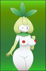 areola armwear big_breasts blush blush_stickers breasts brown_eyes churine clothing elbow_gloves eyelashes female generation_5_pokemon genitals gloves green_background green_body green_clothing green_gloves green_handwear handwear hi_res honwell huge_breasts humanoid leaf looking_at_viewer mostly_nude mouthless navel nintendo nipples one_eye_closed petilil pink_areola pink_nipples pokemon pokemon_(species) pussy simple_background solo thick_thighs white_body wide_hips wink winking_at_viewer