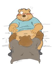 0ottotto0 2023 anthro bear bed belly big_belly blush brown_body clothing duo furniture hi_res humanoid_hands kemono male mammal navel one_eye_closed overweight overweight_male shirt sitting topwear