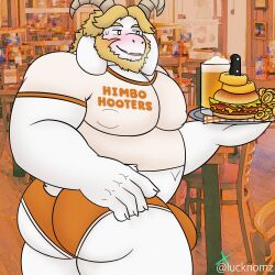 alcohol anthro asgore_dreemurr ass barazoku beer beverage blush bodily_fluids bottomwear bovid bulge burger caprine chubby_male claws clothing crop_top deltarune food fries goat hi_res himbo himbo_hooters hooters hooters_uniform hotpants lucknomz male male_only mammal overweight overweight_male pecs platter shirt shorts solo sweat sweatdrop tail topwear undertale undertale_(series)