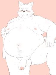 2023 absurd_res anthro balls belly big_belly blush canid canine canis closed_eyes domestic_dog genitals hi_res ibuki_haruno kemono male mammal moobs navel nipples overweight overweight_male penis pink_background simple_background solo