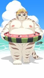 1boy 2023 absurd_res anthro beach belly big_belly detailed_background eyewear felid genitals hi_res kemono licho_(tokyo_afterschool_summoners) lifewonders male male_focus male_only mammal micropenis moobs nipples outside overweight overweight_male pantherine penis ptcmtr seaside small_penis solo solo_male sunglasses tiger tokyo_afterschool_summoners water white_body