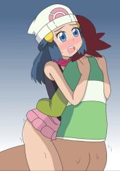 blue_eyes blue_hair blush clothed_sex cowgirl_position dawn_(pokemon) hugging kenny_(pokemon) pokemon saliva sex