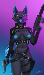 anthro anthro_only assault_rifle belt belts breasts casual clothed clothing epic_games female firearm fortnite fur furry furry_only glowing_mouth glowing_nipples gun handgun hi_res highwire_(fortnite) humanoid legwear looking_at_viewer nude one_eye_closed pack_leader_highwire partially_clothed partially_clothed_female pistol pussy ranged_weapon rifle solo tactical_nudity weapon wink winking winking_at_viewer wolf wolf_ears wolf_girl yonivi