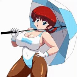 1girls animated blue_eyes bouncing_breasts clothing curvaceous curvy female female_only gif hand_on_waist huge_breasts large_breasts leotard moyashi pantyhose plump posing race_queen ranma-chan ranma_1/2 ranma_saotome red_hair solo suggestive suggestive_pose suggestive_posing thick_thighs umbrella