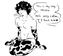 bowbowbowie cow_boy cow_ears cow_horns cow_print eating elbow_gloves english_text expressionless femboy full_body kemonomimi kengan_(series) kengan_ashura male male_only monochrome panties sitting solo speech_bubble thick_thighs thighhighs tokita_ohma topless topless_male twink wariza