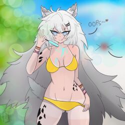 1girls 1other :d animal_ear_fluff animal_ears arknights ass_visible_through_thighs beach big_breasts bikini blue_eyes blush breasts collarbone curvaceous curvy cute female female_focus flirting golden_bikini grey_hair horny ice_cream ice_cream_drip ice_cream_on_breasts lappland_(arknights) large_breasts light-skinned_female light_skin naughty_face oripathy_lesion_(arknights) rozetzune scar scar_across_eye seductive seductive_eyes seductive_gaze seductive_look seductive_mouth seductive_pose seductive_smile solo solo_focus very_long_hair voluptuous waist wasp_waist wolf_ears wolf_girl wolf_tail