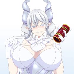 blush demon_girl duel_monster female huge_breasts labrynth_of_the_silver_castle lactone1121 looking_at_viewer lovely_labrynth_of_the_silver_castle smile white_background white_hair yu-gi-oh!