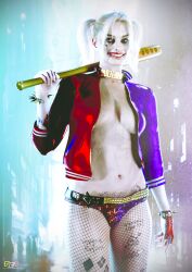 1girls 3d 3d_(artwork) baseball_bat batman_(series) breasts collar curvaceous curvy curvy_figure dc dc_comics dc_extended_universe dceu eyebrows eyelashes eyes female female_only fishnet_legwear fishnets grin hair harley_quinn harley_quinn_(dceu) jacket light-skinned_female light_skin lips margot_robbie no_bra panties solo suicide_squad suicide_squad_(2016) tattoos thighs totocandy1 villain villainess waist