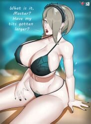 1girls bare_thighs bikini black_nails breasts busty cleavage covered_nipples danganronpa earrings english_text female female_only female_pubic_hair green_bikini green_swimsuit hourglass_figure huge_breasts large_breasts lipstick looking_at_viewer maid mature mature_female nail_polish outdoors pubic_hair pubic_hair_peek red_lipstick sideboob skindentation solo spicyburrd straight_hair swimsuit text thick_thighs thighs toujou_kirumi voluptuous voluptuous_female