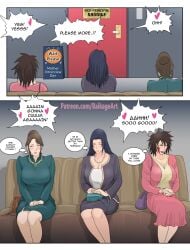 3girls 3milfs big_breasts blue_hair brown_hair busty cleavage comic couch cuck cuckold curvy door english_text female female_only girls horny_milf imminent_cheating ino's_mother inuzuka_tsume milf milfs moaning mother mother's_day motherly_cuckold naruto naruto_(series) naruto_shippuden necklace netorare ntr raikage_art sitting text thinking thought_bubble uchiha_mikoto waiting waiting_for_turn