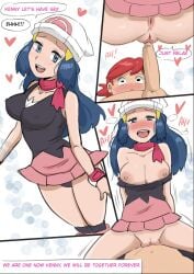 1boy 1girls anus ass big_breasts blue_eyes blue_hair blush breasts cowgirl_position dawn_(pokemon) heart kenny_(pokemon) nipples penis pokemon pokemon_(anime) pokemon_dppt pussy reach025 sex skirt small_penis vaginal vaginal_penetration vaginal_sex wholesome