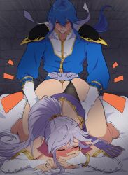 1boy 1girls ass bandana bed bent_over big_ass black_panties black_underwear blue_hair blue_shirt blush bracelet clothed clothed_sex commission covering_mouth doggy_style earrings eyes_closed fefex fire_emblem fire_emblem:_genealogy_of_the_holy_war gold_jewelry grabbing_sheets grunting hand_on_mouth headband intelligent_systems ishtar_(fire_emblem) jewelry long_gloves long_hair nintendo panties_aside ponytail princess purple_clothing purple_hair rs40uchiha seliph_(fire_emblem) sheet_grab shoulder_pads side_ponytail skindentation top-down_bottom-up trembling very_long_hair white_gloves