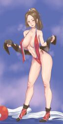 1girls bare_legs bare_shoulders breasts brown_eyes brown_hair cleavage collarbone fatal_fury full_body high_ponytail japanese_clothes king_of_fighters large_breasts lips looking_at_viewer mai_shiranui no_bra omaehasaigoni parted_lips partially_undressed pelvic_curtain ponytail purple_background removing_clothing revealing_clothes snk standing steam steaming_body summer sweat tabi undressing very_sweaty