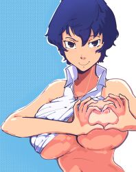 1girls big_breasts breast_squish breasts breasts_out female female_only heart-shaped_boob_challenge heart_hands large_breasts looking_at_viewer mrplow34 necklace nipple_piercing persona persona_4 shirogane_naoto smile