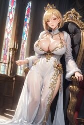 1girls ai_generated blonde_hair cleavage dress female_focus female_only looking_at_viewer milf mommy queen red_eyes seductive_look see-through_clothing short_hair side_slit stable_diffusion throne voluptuous voluptuous_female wealthy_female