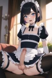 1boy ai_generated balls ballsack black_hair blue_eyes blush bottomless collar crossdressing crossdressing_male erection femboy femboy_only feminine_male flat_chest flat_chested flinkzart frills gay girly indoors looking_at_viewer maid maid_headdress maid_outfit maid_uniform male male_focus male_only open_mouth penis scrotum short_hair sitting solo solo_femboy solo_focus solo_male spread_legs stable_diffusion testicles thighhighs trap yaoi